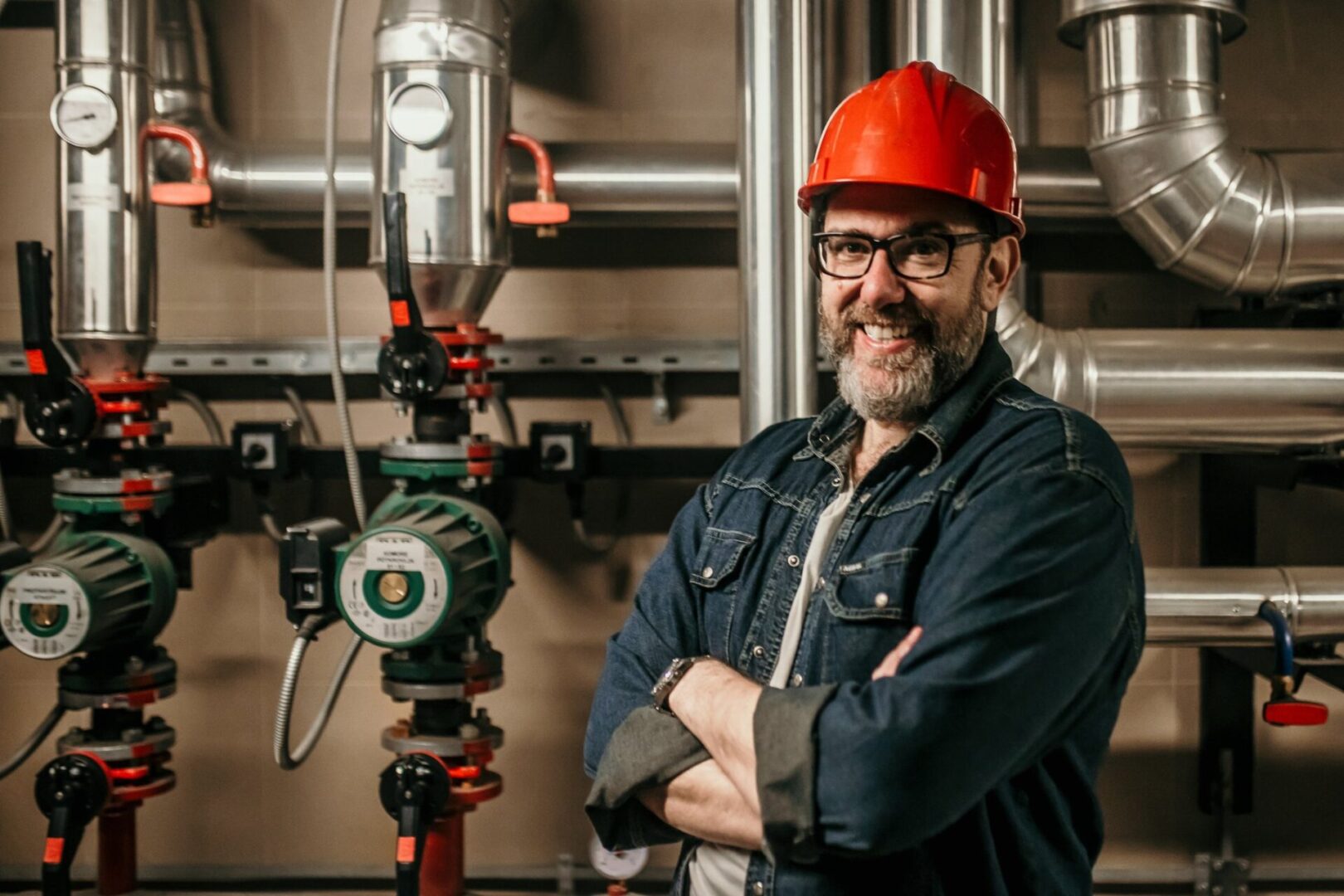 Man in denim jacket and safety gear